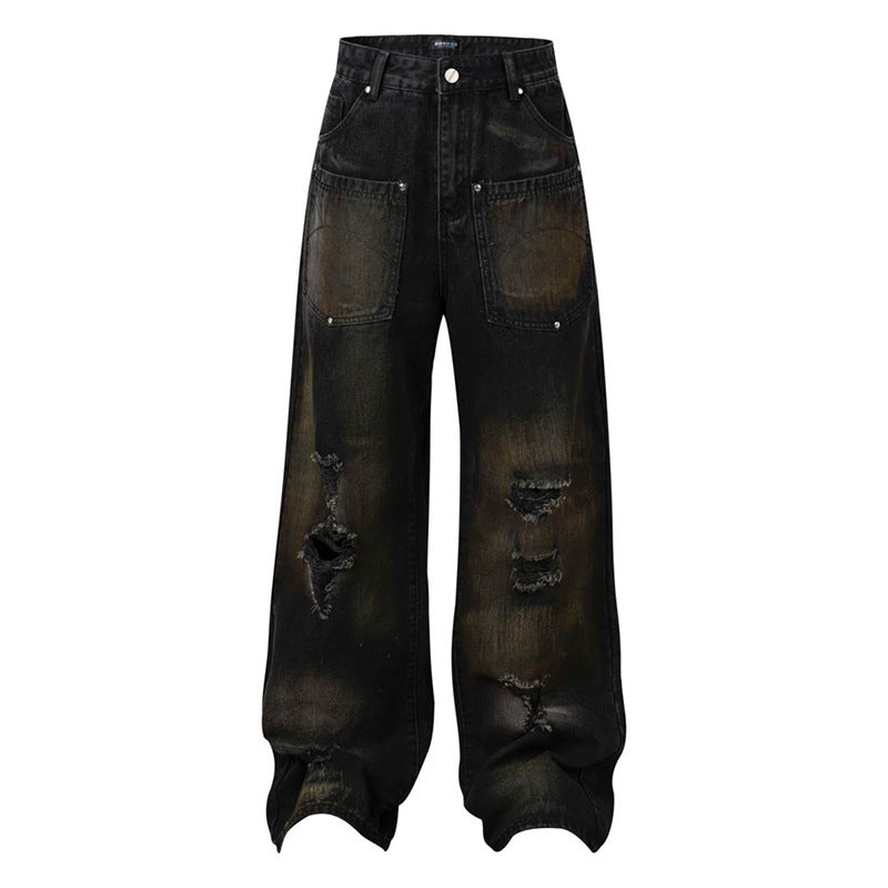 Damen Weite High‑Waist Destroyed Denim‑Palazzo‑Jeans mit aufgesetzten Taschen Nord Taschen