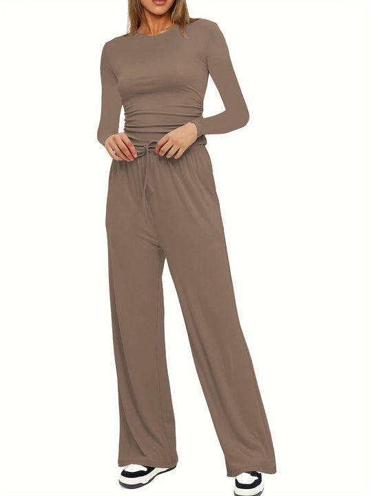Damen Figurbetontes Longsleeve mit seitlicher Raffung und High-Waist Palazzo-Jogginghose Set Nord Taschen