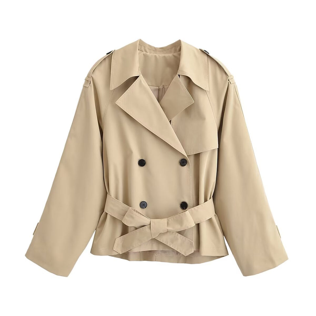Damen 30+ kurzer taillierter Cropped Trenchcoat mit doppelreihiger Knopfleiste und Bindegürtel Nord Taschen