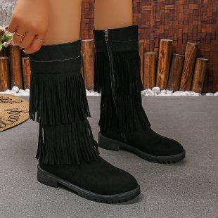 Damen Mid‑Calf Fransenstiefel aus Veloursimitat mit mehrlagigen Fransen und profilierter Gummisohle Nord Taschen