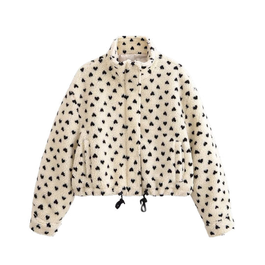 Damen Teddyjacke mit Herz-Allover, kurzer Boxy‑Schnitt, Stehkragen und Tunnelzug Nord Taschen