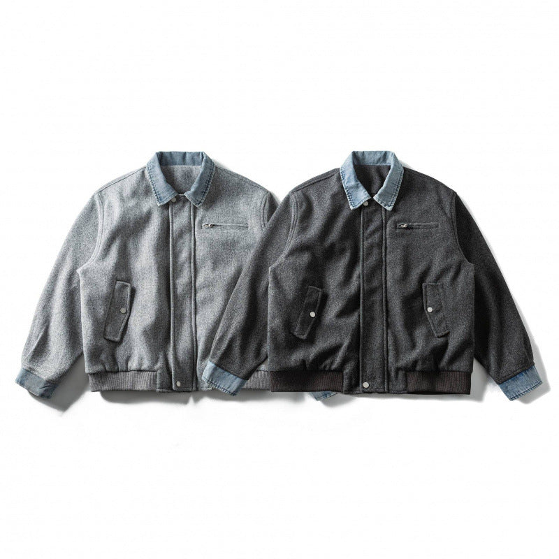 Herren Kurz geschnittener Wollmix‑Fliegerblouson mit Denim‑Kragen, verdecktem Reißverschluss und Pattentaschen Nord Taschen