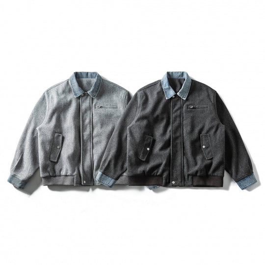 Herren Kurz geschnittener Wollmix‑Fliegerblouson mit Denim‑Kragen, verdecktem Reißverschluss und Pattentaschen Nord Taschen