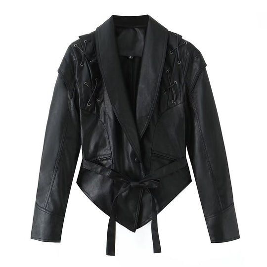 Damen taillierter Kunstlederblazer mit Schnürdetails an den Schultern und Bindegürtel Nord Taschen