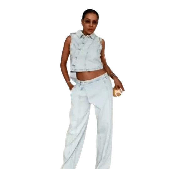 Damen Gekürztes ärmelloses Denim-Set mit taillierter Weste & weiter High-Waist-Hose Nord Taschen