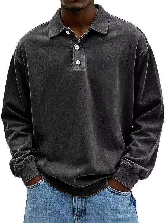 Herren nan lässiges Poloshirt-Sweatshirt mit Kragen, Vintage-Waschung und dreiteiliger Knopfleiste