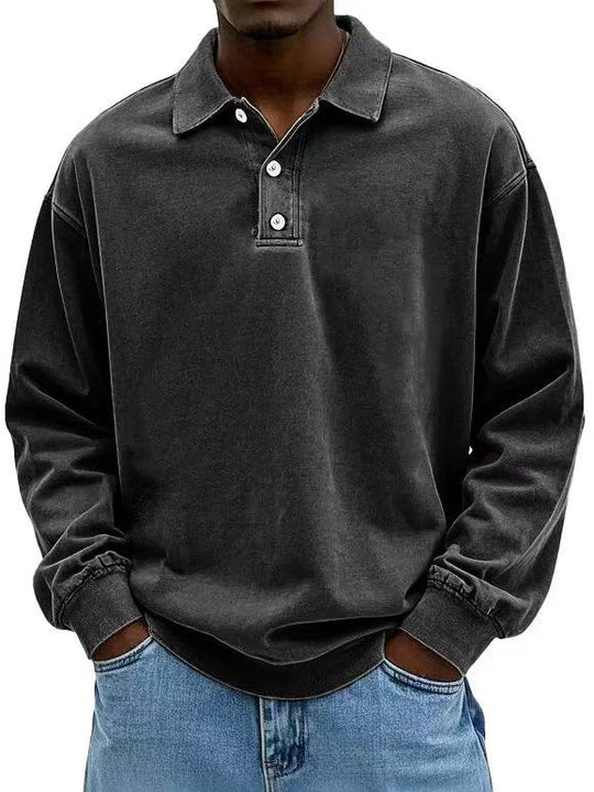 Herren nan lässiges Poloshirt-Sweatshirt mit Kragen, Vintage-Waschung und dreiteiliger Knopfleiste