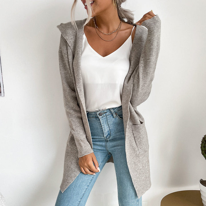 Damen Langärmlige Strickjacke mit Kapuze und seitlichen Taschen