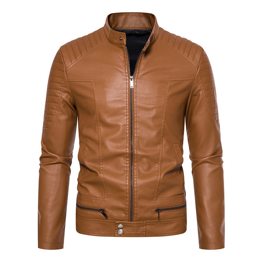 Herren Schmale Biker‑Blouson Kunstlederjacke mit Stehkragen, Ziersteppungen und Reißverschlusstaschen Nord Taschen