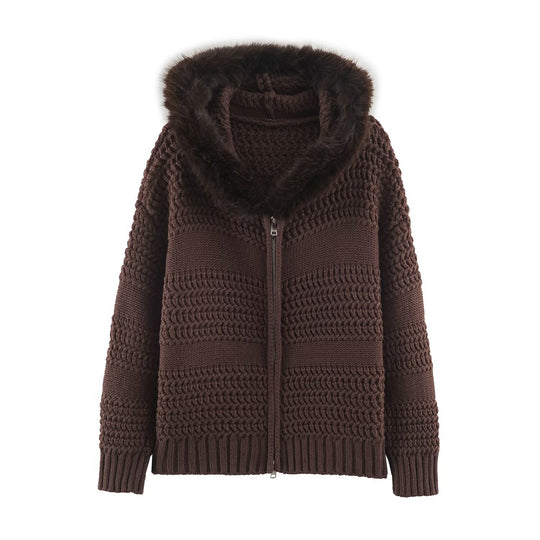 Damen Strickjacke mit durchgehendem Reißverschluss und kuscheligem Kunstpelzkragen Nord Taschen