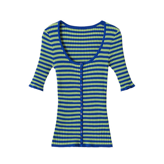 Damen Gerippte Kurzarm-Buttoncardigan mit tiefem Rundhals und figurbetonter Passform Nord Taschen