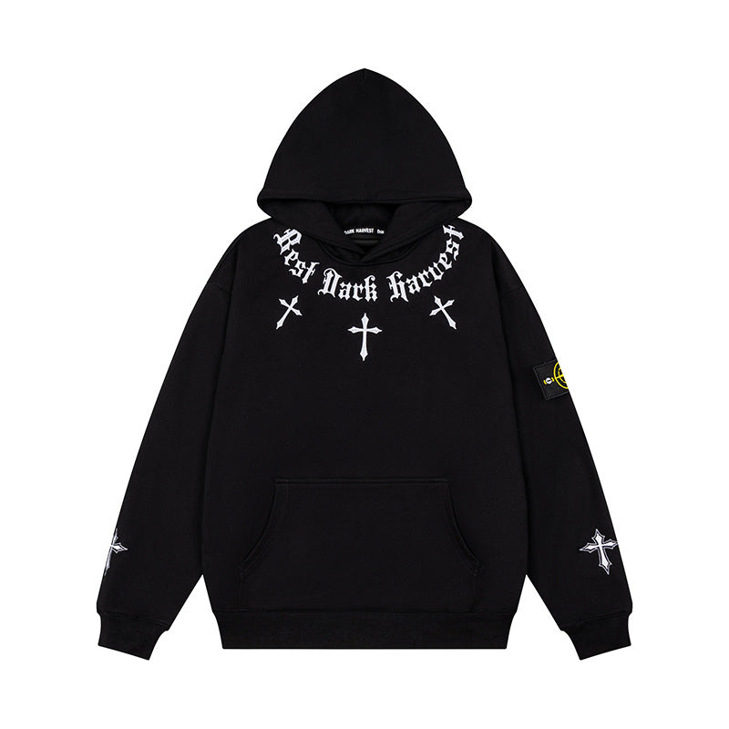 Unisex Oversize Kapuzenpullover mit Gothic-Kreuz-Print, Kängurutasche und Rippbündchen Nord Taschen
