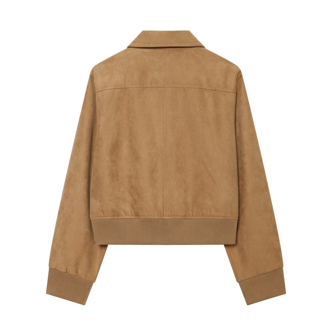 Damen Kurzer Veloursleder‑Bomber mit Reißverschluss, Pattentaschen und Rippsaum Nord Taschen