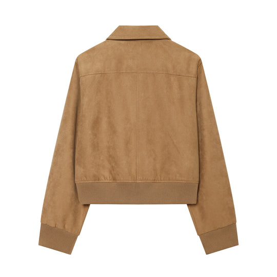 Damen Kurzer Veloursleder‑Bomber mit Reißverschluss, Pattentaschen und Rippsaum Nord Taschen