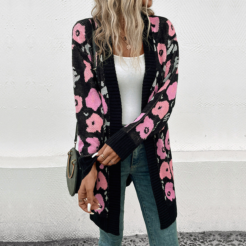 Damen Langer offener Strickcardigan mit Leo-Jacquardmuster und gerippten Säumen Nord Taschen