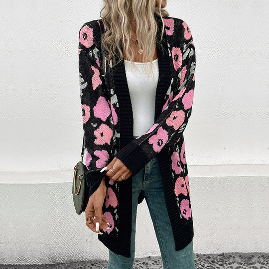 Damen Langer offener Strickcardigan mit Leo-Jacquardmuster und gerippten Säumen Nord Taschen