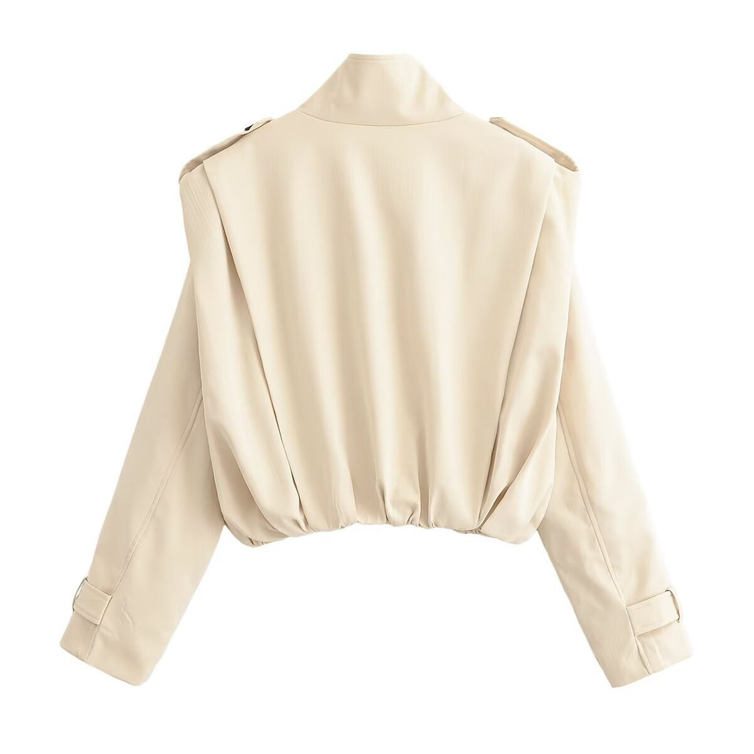 Damen Cropped Doppelreihige Trenchjacke mit Stehkragen, Schulterriegeln und elastischem Saum Nord Taschen