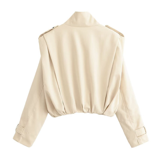 Damen Cropped Doppelreihige Trenchjacke mit Stehkragen, Schulterriegeln und elastischem Saum Nord Taschen