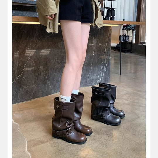 Damen Mid-Calf Bikerstiefel aus Glattleder mit verstellbarem Schnallenriemen Nord Taschen