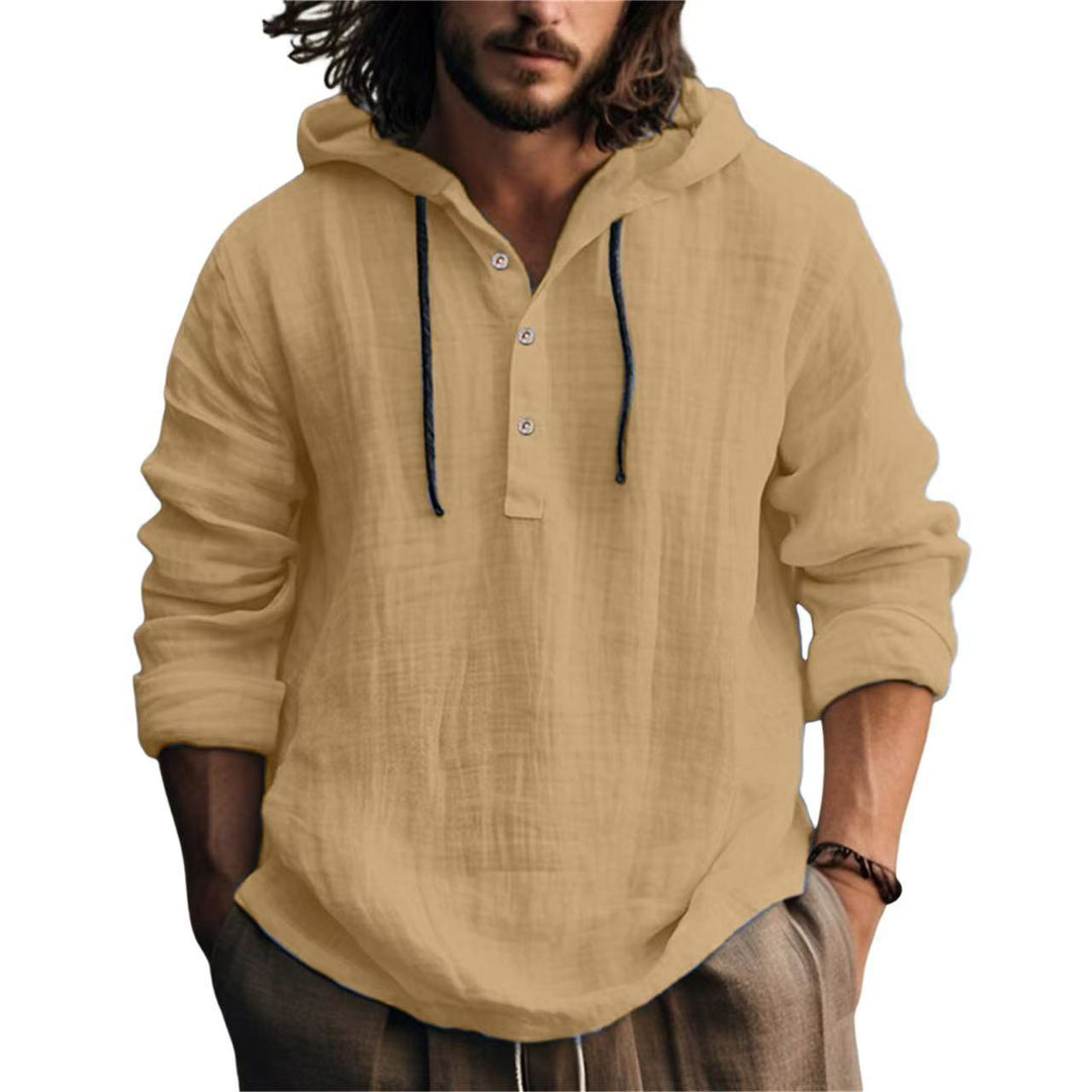 Herren Leichtes Kapuzenhemd im Leinenlook mit Henley-Knopfleiste Nord Taschen