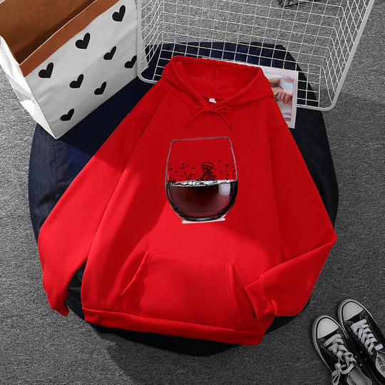 Damen nan lässiger Kapuzenhoodie mit fotorealistischer Weinglas‑Grafik, Kängurutasche und weichem Fleece Nord Taschen