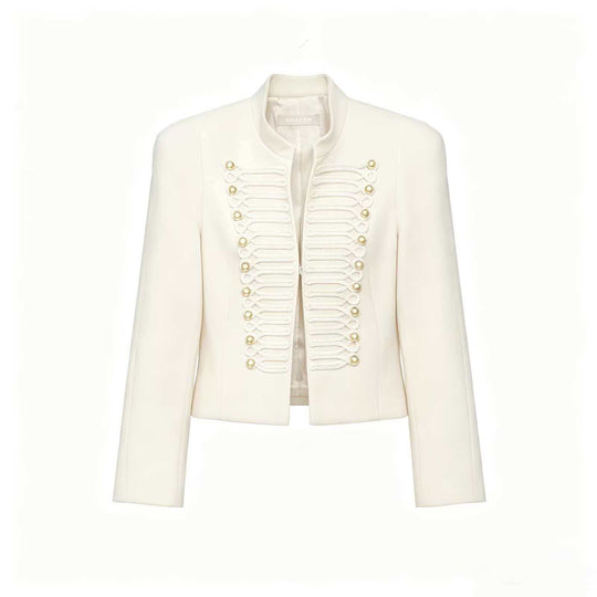 Damen Cropped Blazer im Husarenstil mit Stehkragen, Zierkordeln und Messingknöpfen Nord Taschen