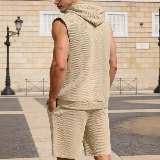 Herren nan ärmelloses Kapuzen-Lounge-Set aus strukturierter Baumwollmischung mit Kängurutasche und elastischer Freizeithose