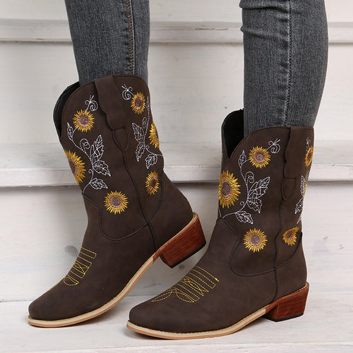Damen Bestickte Western‑Stiefel mit Sonnenblumenmotiv und mittlerem Blockabsatz Nord Taschen