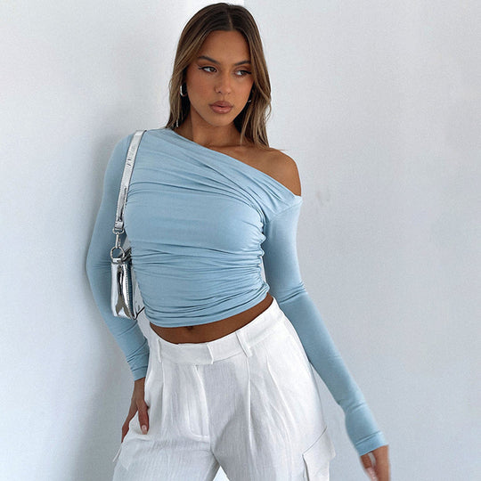 Damen schulterfreies gerafftes Cropped-Longsleeve aus Stretch-Jersey Nord Taschen
