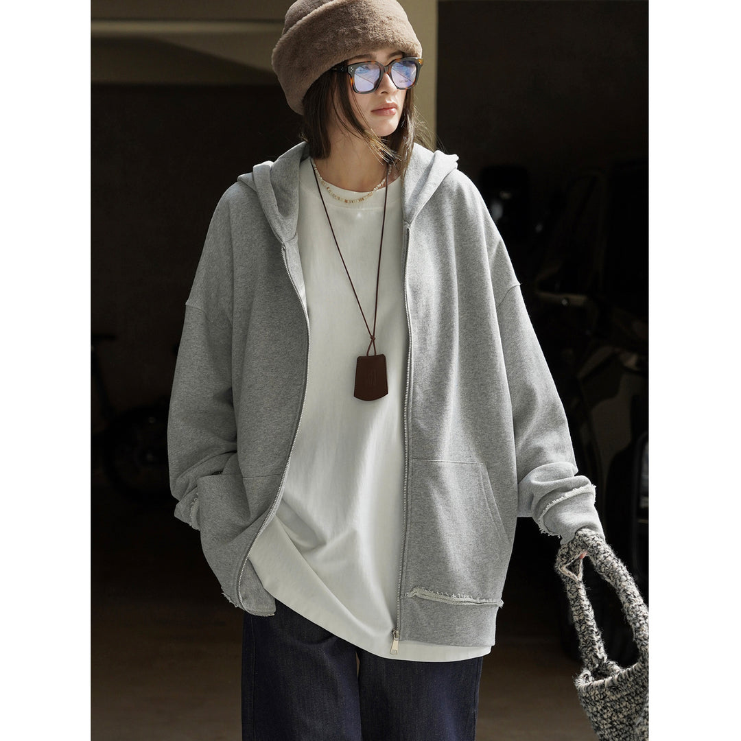 Damen Relaxed-Zip‑Hoodie im Used‑Look mit ausgefransten Kanten Nord Taschen