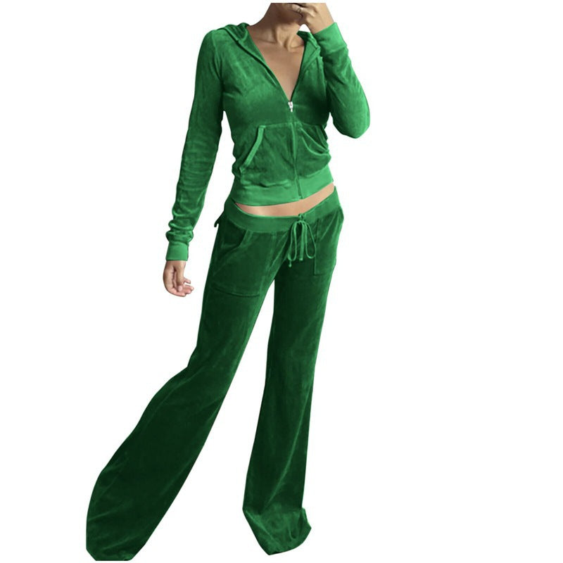 Damen Samtvelours Cropped-Zipjacke mit Kängurutasche und hochgeschnittener Bündchenhose Nord Taschen