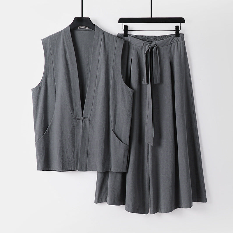 Damen Ärmelloses Kimono-Loungewear-Set aus leichtem Viskose-Leinen mit Bindeweste und weiten Palazzo-Hose Nord Taschen