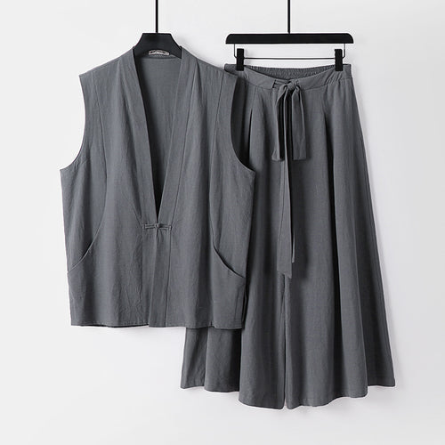 Damen Ärmelloses Kimono-Loungewear-Set aus leichtem Viskose-Leinen mit Bindeweste und weiten Palazzo-Hose Nord Taschen