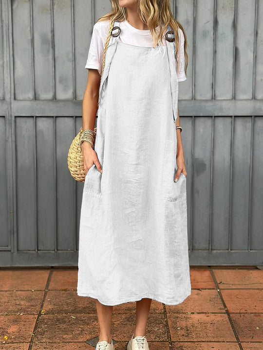 Damen Lässiges Leinen-Latzkleid mit praktischen Seitentaschen und verstellbaren Trägern Nord Taschen