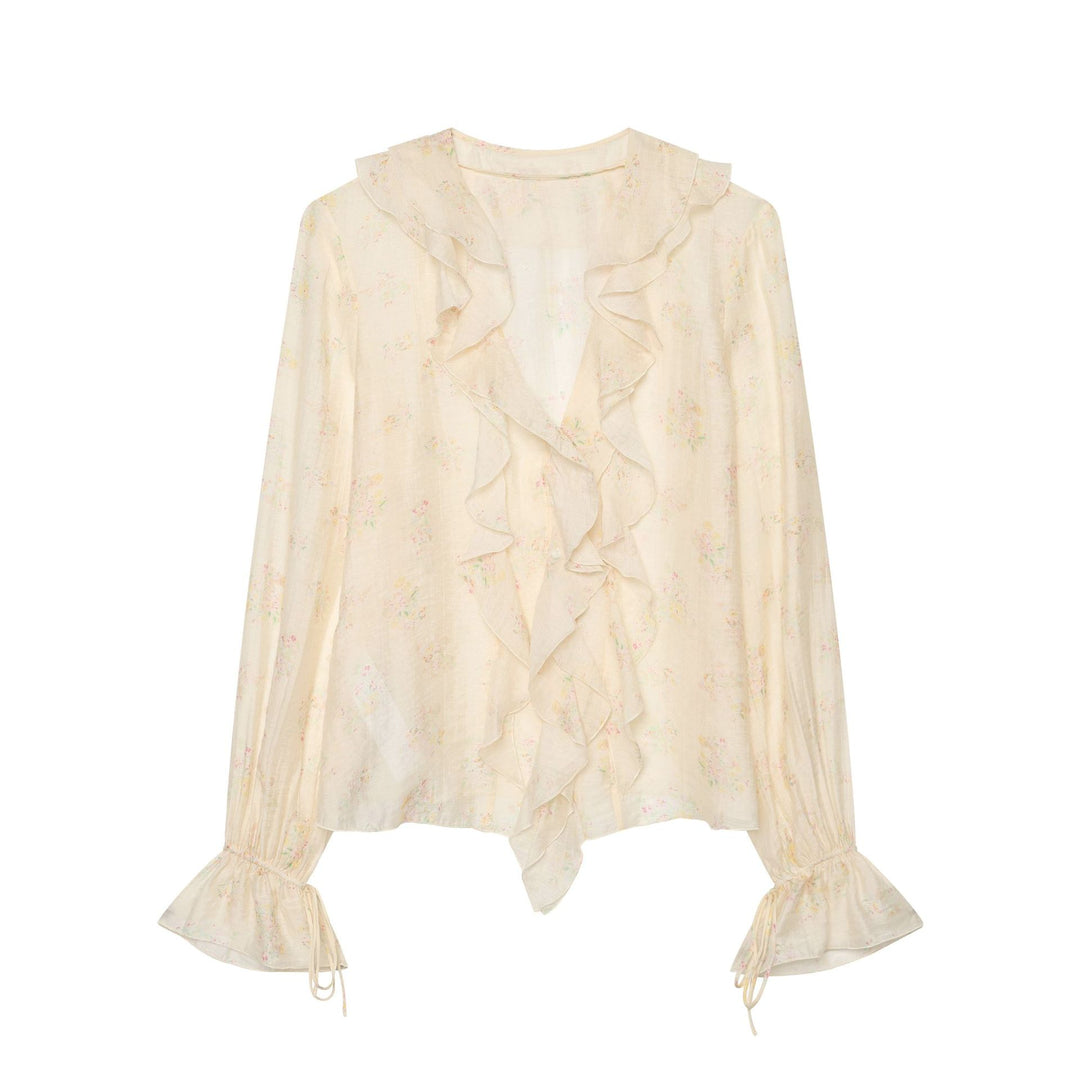 Damen Leichte Chiffonbluse mit Volantkragen V‑Ausschnitt und gerafften Manschetten Nord Taschen