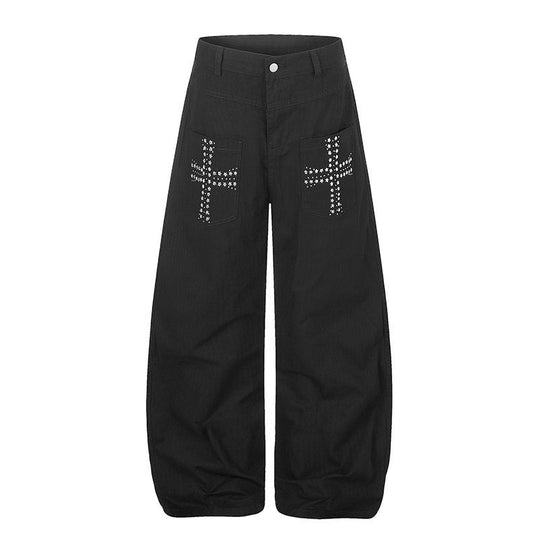 Damen Weite High‑Waist Palazzo‑Hose aus Denim mit aufgesetzten Taschen und Nietenkreuz-Detail Nord Taschen