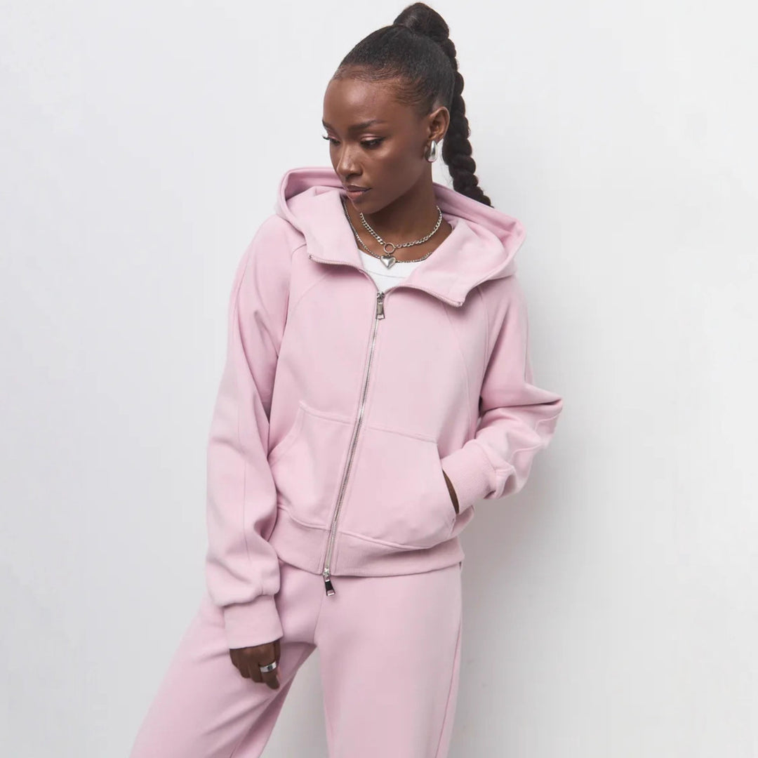 Damen entspanntes Fleece-Zweiteiler Set mit Raglan-Kapuzenjacke, durchgehendem Reißverschluss und gerader Relax-Jogginghose Nord Taschen