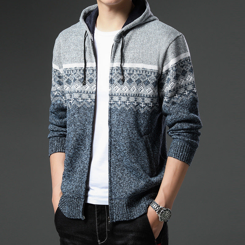 Herren Strick-Zip-Hoodie mit Norwegermuster, Kapuze und Eingrifftaschen Nord Taschen