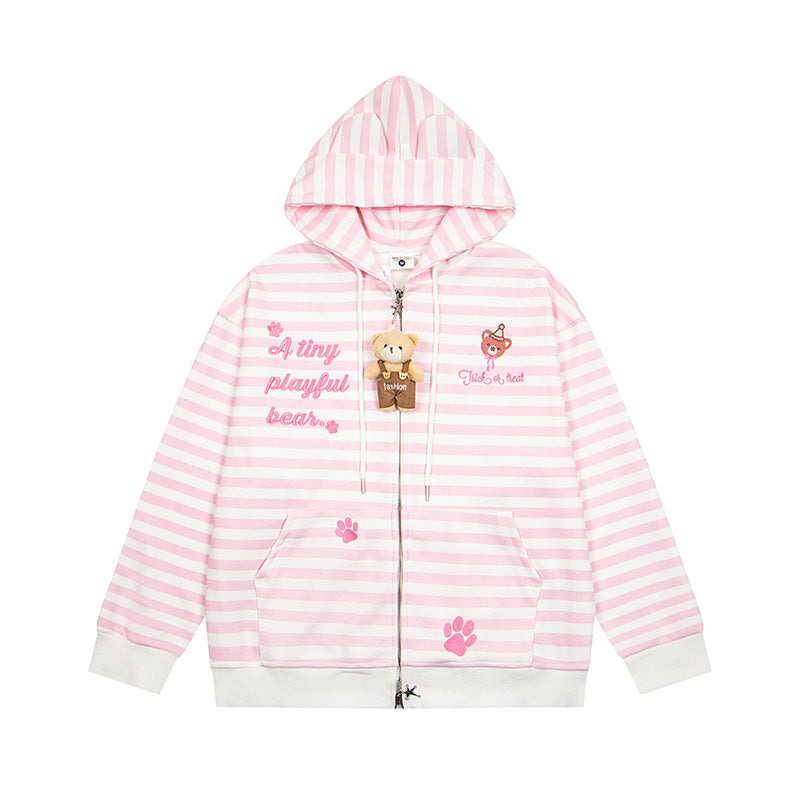 Damen Gestreifte Kapuzen-Sweatjacke mit Teddy-Anhänger, Ohren-Kapuze und Stickdetail Nord Taschen