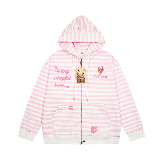 Damen Gestreifte Kapuzen-Sweatjacke mit Teddy-Anhänger, Ohren-Kapuze und Stickdetail Nord Taschen