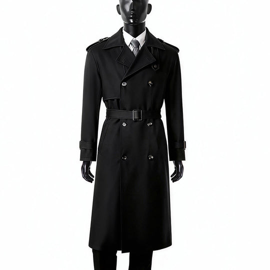 Herren Zeitloser Doppelreihiger Trenchcoat mit Taillengürtel, Schulterklappen und Manschettenriemen Nord Taschen