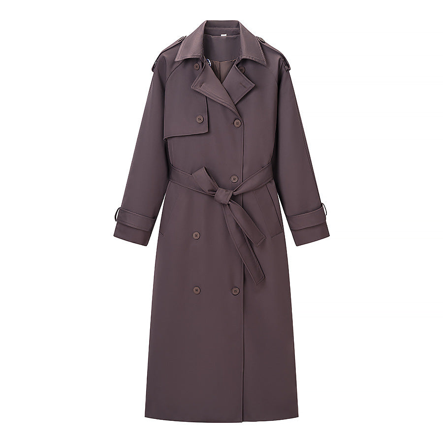 Damen Langer taillierter Trenchcoat mit Bindegürtel und doppelreihiger Knopfleiste Nord Taschen