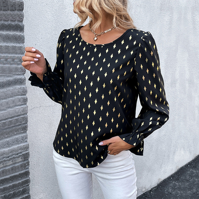 Damen Satin-Blusenshirt mit Rautendruck, leicht taillierter Schnitt und zarten Puffärmeln Nord Taschen