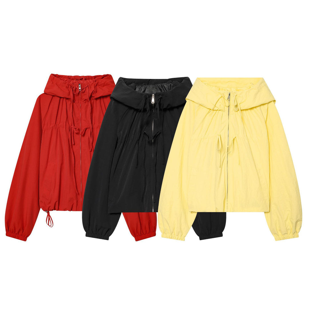 Damen Kapuzen-Cropped-Outdoorjacke mit Tunnelzug und elastischem Saum Nord Taschen