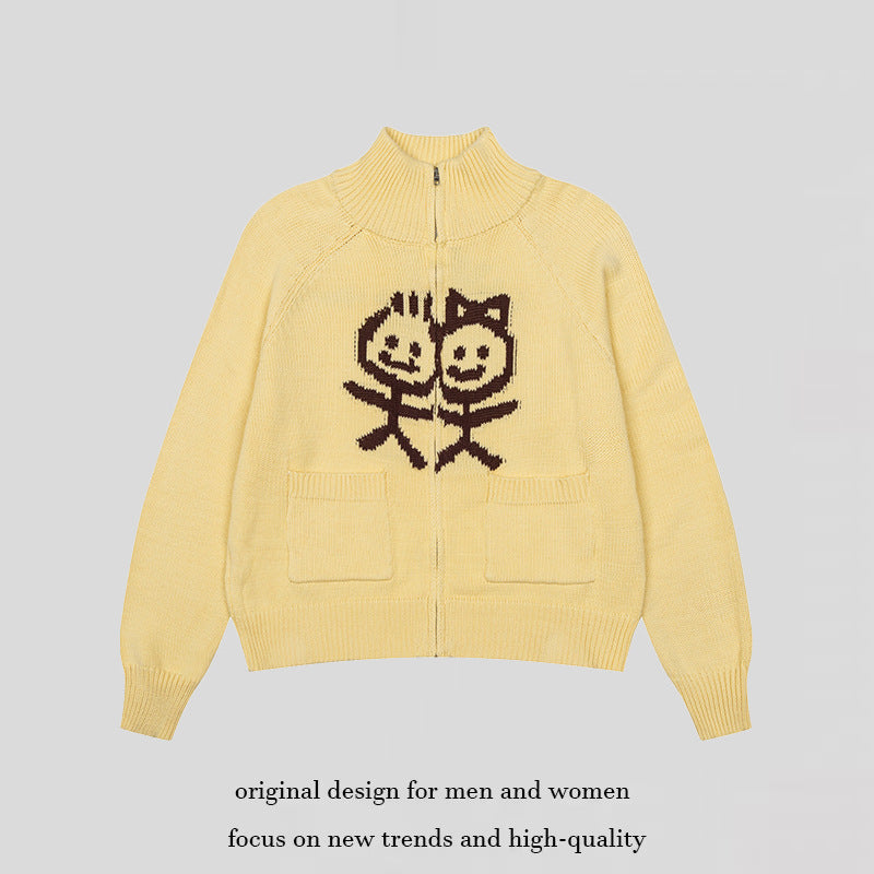 Damen Grobstrick-Zipcardigan mit Stehkragen, aufgesetzten Taschen und Cartoon-Intarsie Nord Taschen