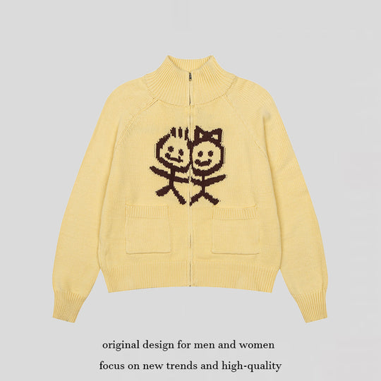 Damen Grobstrick-Zipcardigan mit Stehkragen, aufgesetzten Taschen und Cartoon-Intarsie Nord Taschen