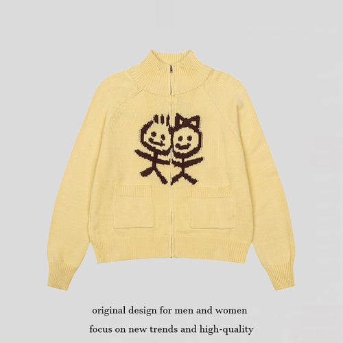Damen Grobstrick-Zipcardigan mit Stehkragen, aufgesetzten Taschen und Cartoon-Intarsie Nord Taschen