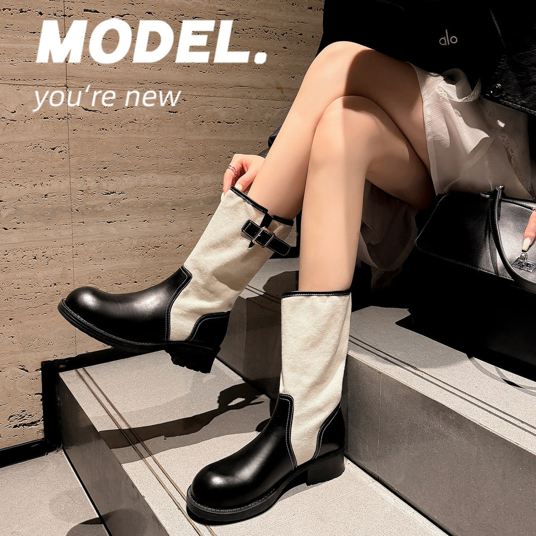 Damen Mid-Calf Stiefel aus Glattleder und Canvas mit Zier-Schnallenriemen Nord Taschen