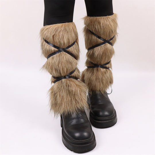 Damen Hochflor-Beinwärmer mit Kunstfelloptik und Wickelriemen Nord Taschen
