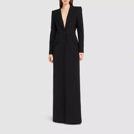 Damen Langes tailliertes Blazerkleid mit tiefem V‑Ausschnitt und strukturierten Schulterpolstern Nord Taschen